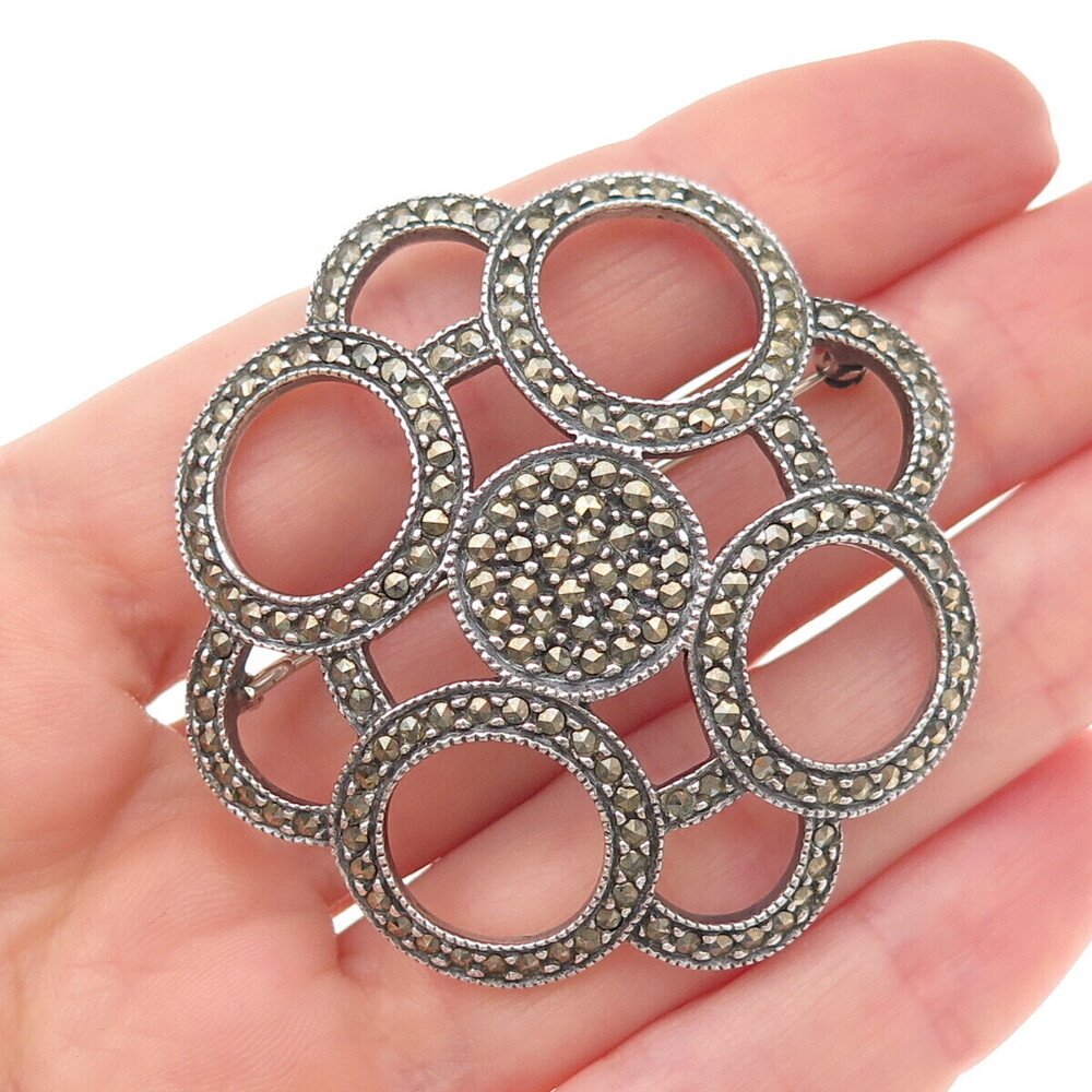 Judith Jack Sterling Silver Vintage Real Marcasite Floral Oxidized Pin Brooch